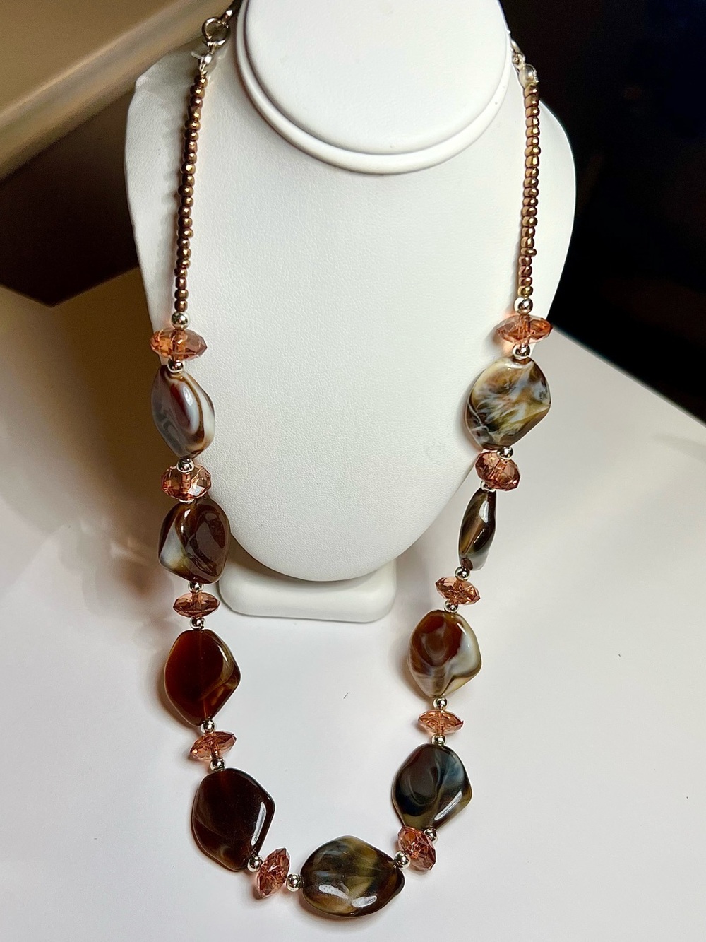 Vintage Art Glass Bead Necklace Brown Swirl Beads Peach Crystal Accents